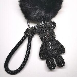 Black Crystal Bear Keychain with Pom Pom